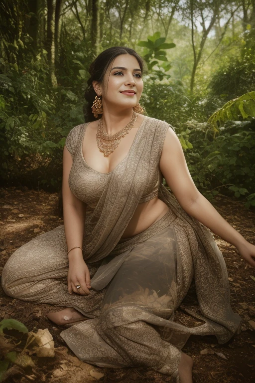 day scene, close up photo of indian from top view, wearing saree, lying in a forest, surrounded by men pissing on her, big cheeks, curvy, hourglass figure, men grabbing her breasts and waist, sexy navel, swooping breasts, ponytail hair, necklace, look at viewer and smile, (cinematic:1.3), intricate details, (ArtStation:1.2)