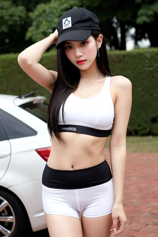 ((best quality)), ((masterpiece)), (detailed), 1girl, beautiful straight black long hair , white cap , white sports bra , black short pants , sexy pose , standing position , seductive gaze , perfect body , riding racing motorbikes , perfect hands , holding adjustable tools