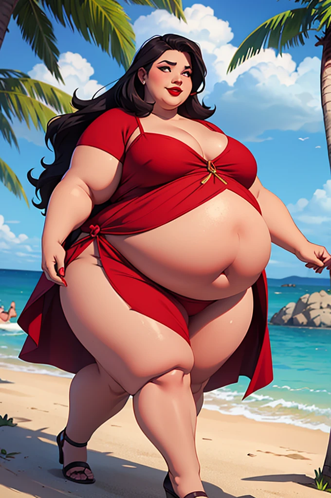 1 girl, morbidly obese seductive Spanish woman, red lips, long hair, (summer dress), (double chin), overweight, (bloated belly), big breasts, make-up, exotic island, walking 