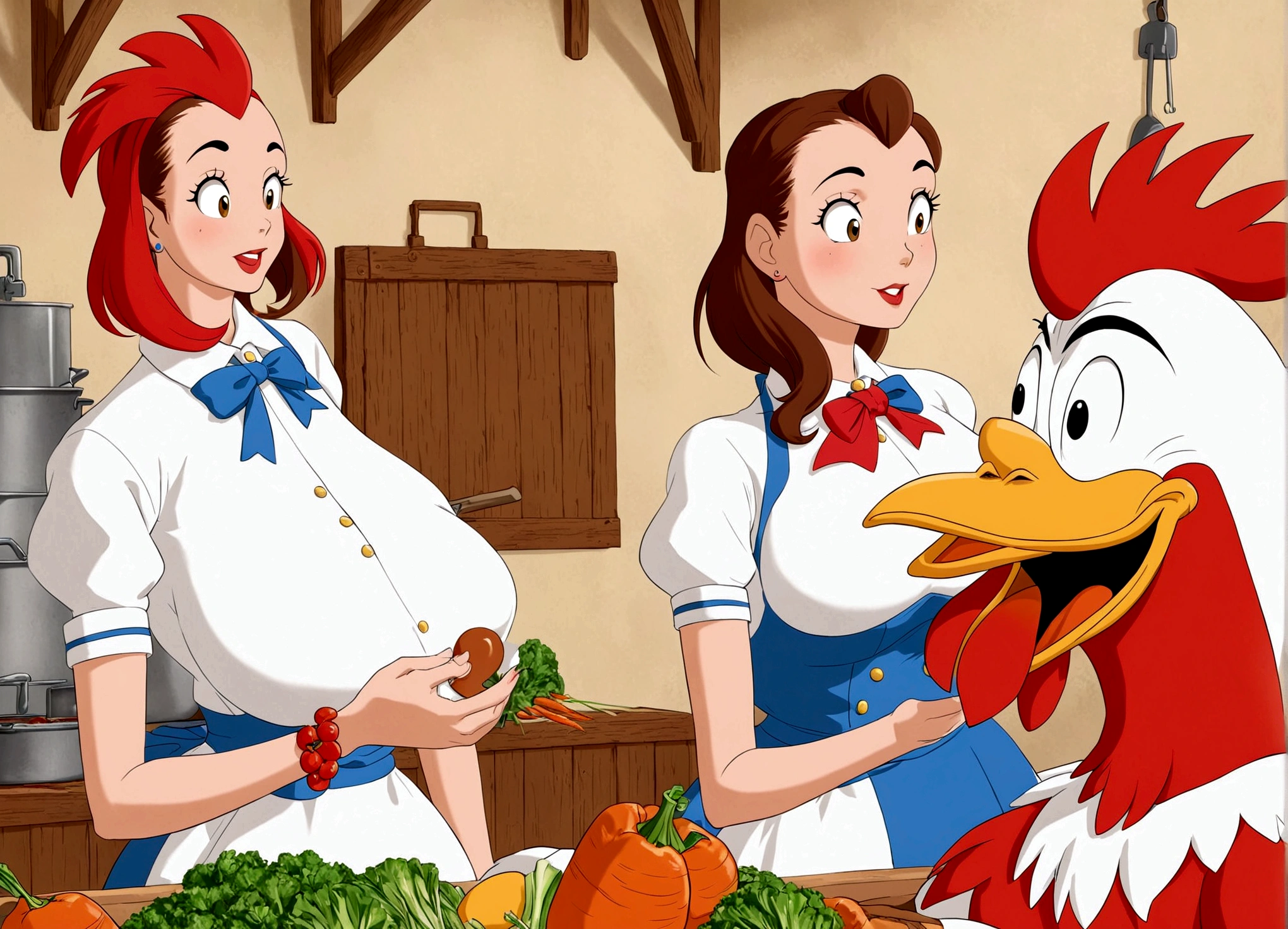 Classic 50s Looney tunes. Rooster Foghorn leghorn swaggers and flirts with a cute farm woman, she is prepping vegetable to roast with something big