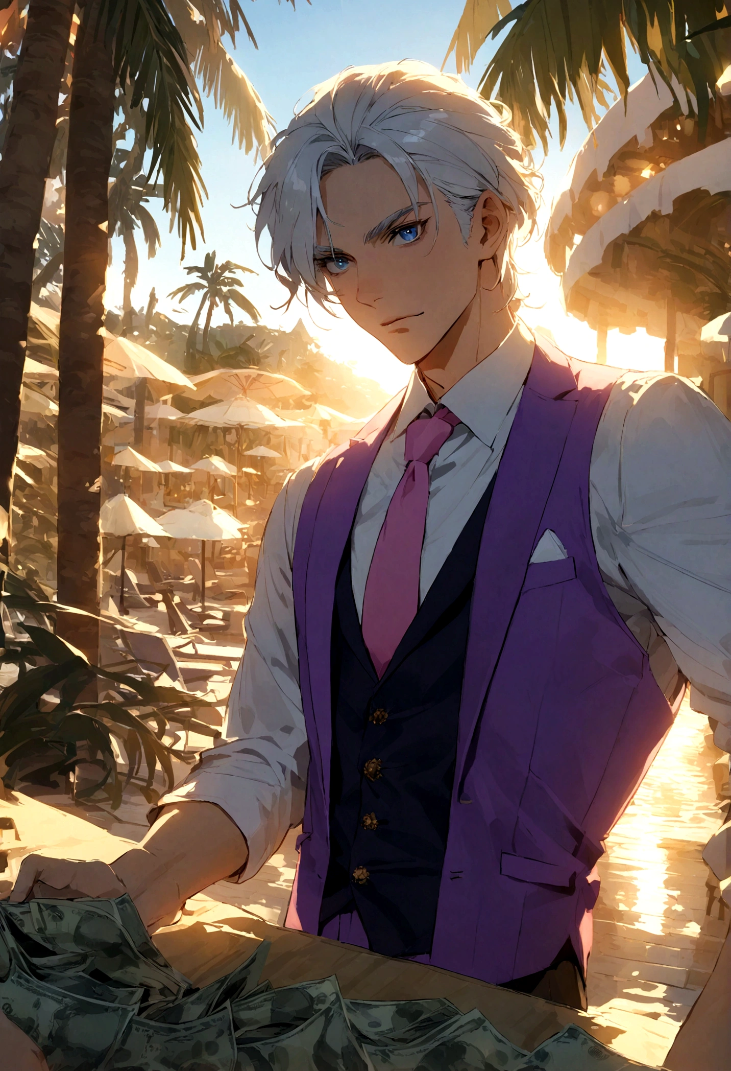 The man has short silver-white hair, blue eyes, purple vest, pink tie, cool, and has a lot of money, resort