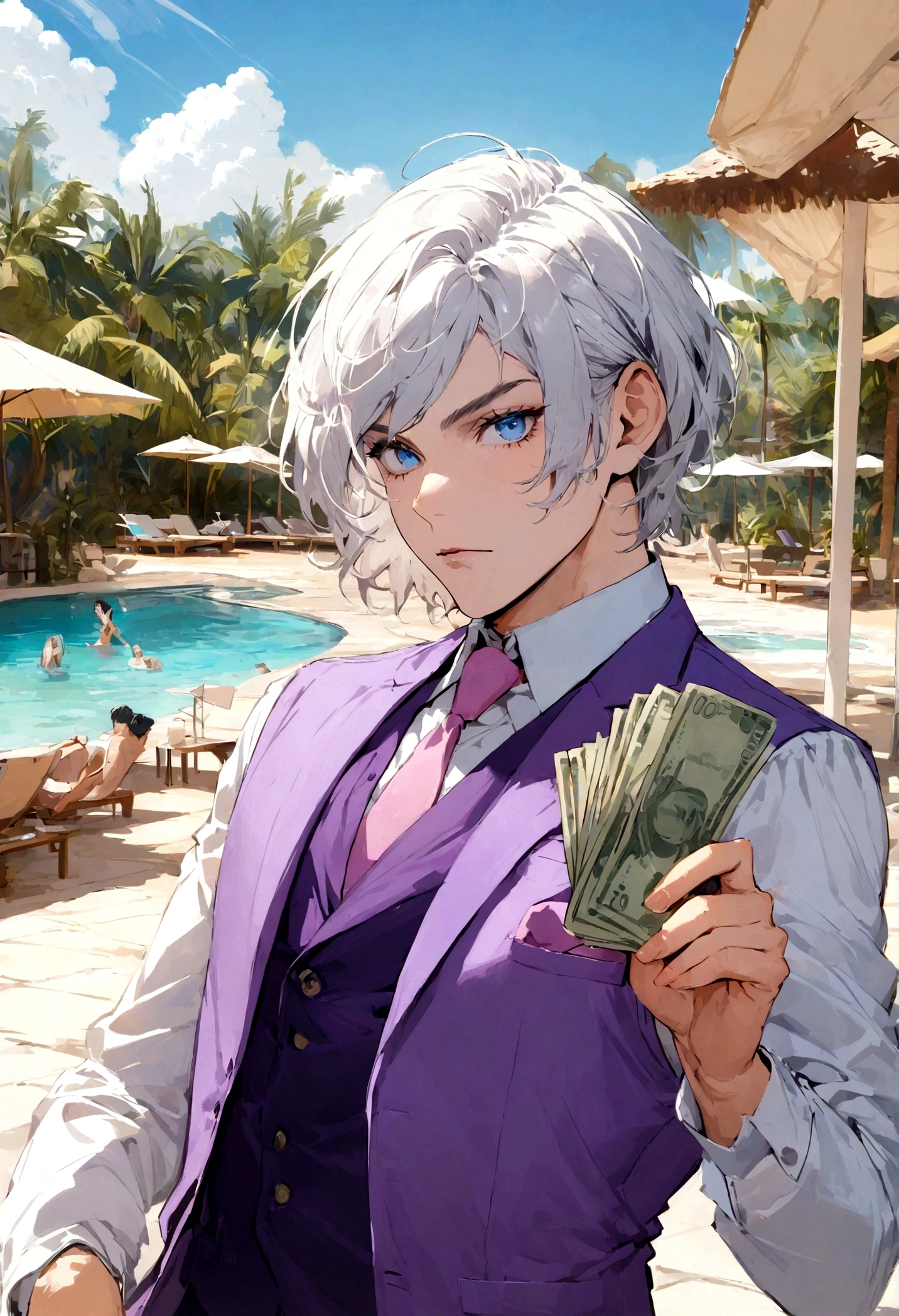 The man has short silver-white hair, blue eyes, purple vest, pink tie, cool, and has a lot of money, resort