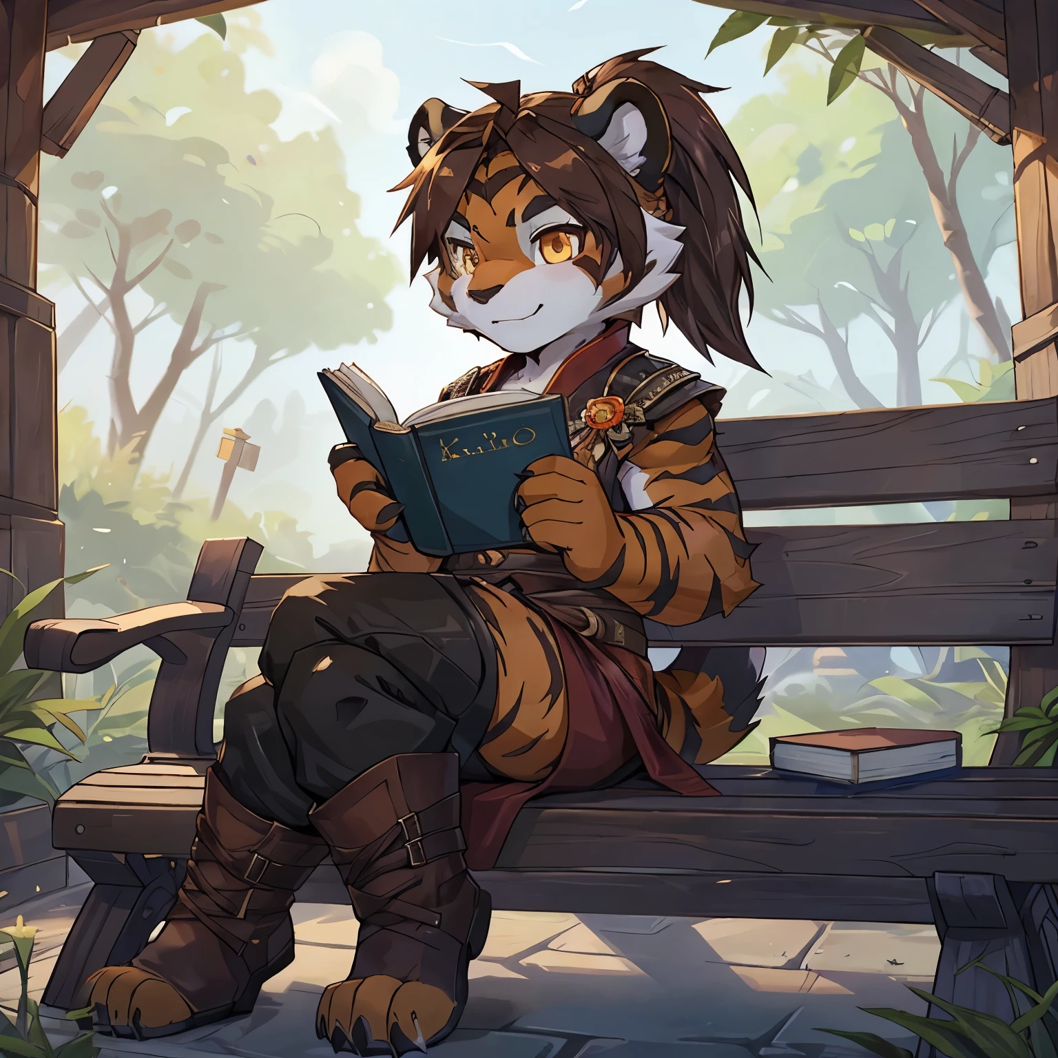 (4fingers), small_round_ears, small_panda_ears, pandaren, world_of_warcraft, furry, anthropomorphic, fluffy_tail, foxtail, cfemale, claws, red_panda, tiger_stripes, tiger_face, flat_chested, short_stack, , amber_eyes, pupils, (tiger_legs), (left_foot_black_fur), (right_foot_white_fur), (four_fingers), waist_long_ponytail, brown_hair, ((three_toes)), ((3toes)), simple clothing, ((detailed_eyes)), ((detailed_face)), detailed_hands, sitting on a bench, reading a book, leather boots,