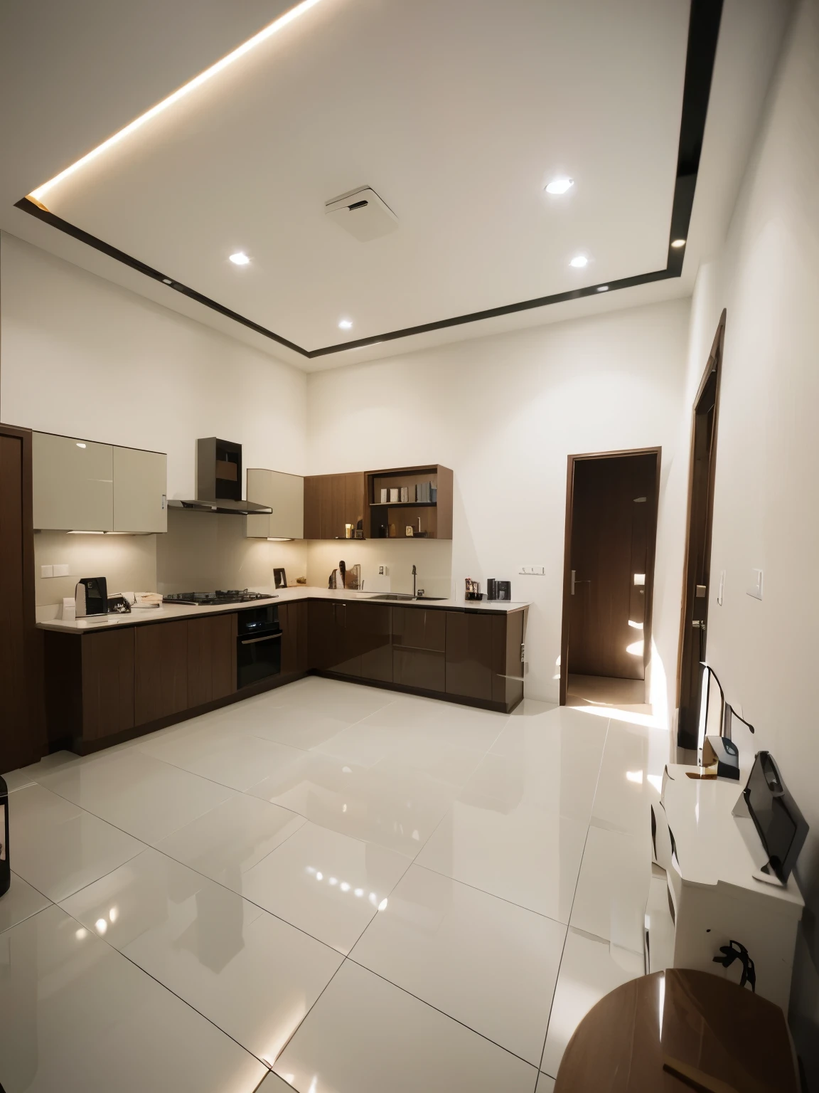 morden kitchen design,Super sharp like photos taken with a professional camera, (Masterpiece,best quality,8k uhd,dslr,soft lighting,high quality,hyper detail,film grain,Fujifilm XT3, UE 5 render 8k, super high resolution, supper detail:1.2), color block wall decor, Cream color block wall decor, glossy floor, (((volumetric light))), dark tone, glossy floor