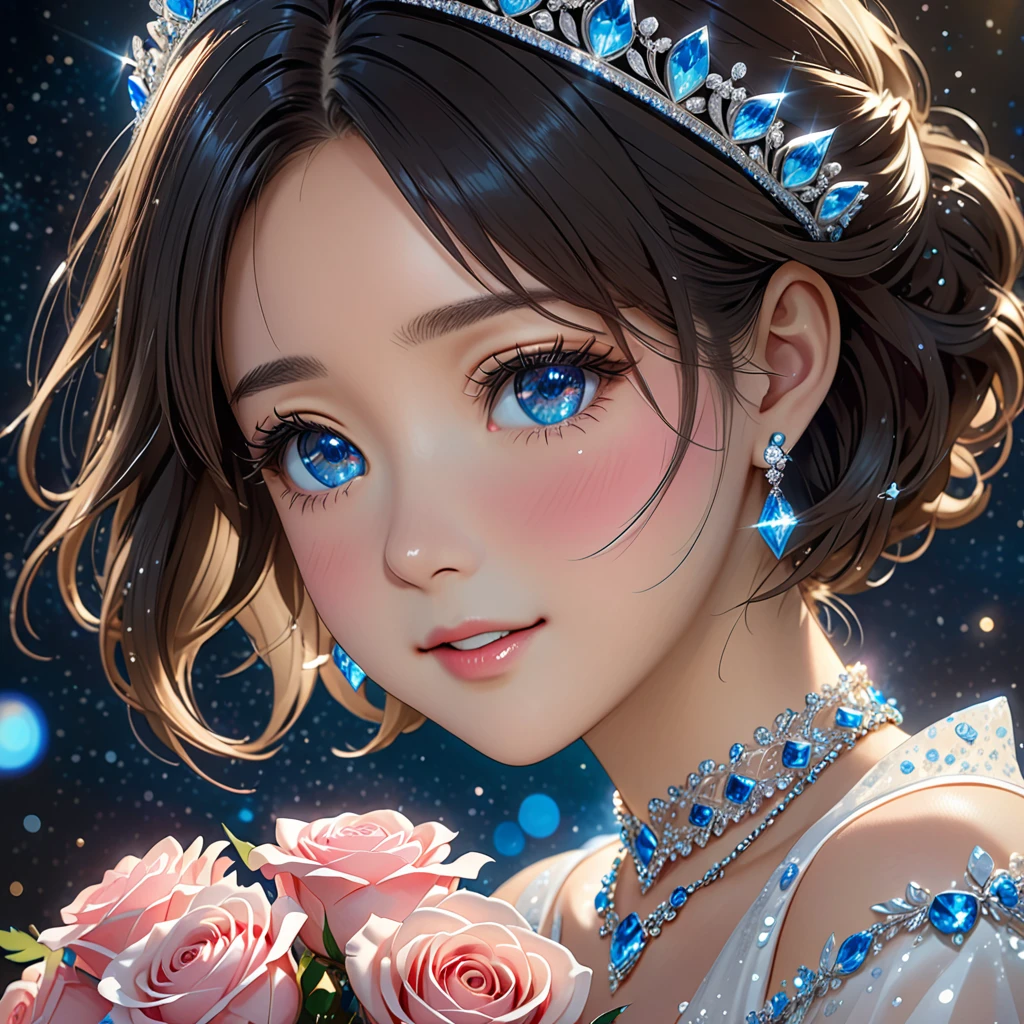 National Science Foundation,masterpiece,High resolution,8K,Art,digit,Three-dimensional,Realism,Kyoto Animation Style,your name movie style,cute,baby face,look into camera,Complex blue crystal background,(1 female: 1.3),(alone: 1.4),(Gorgeous sparkling white wedding dress),(Blue Swarovski crystals on wedding dress),Gorgeous blue crystal tiara,Blue crystal necklace,Sapphire crystal earrings,Blue crystal ring,Hand holding bouquet of pink roses,Long eyelashes,Long thin legs,Short Bob,Close-up of upper body,Close-up,Close up,Starry sky at night,Eyes as deep as the starry sky,blush,shy,Crying because of happiness