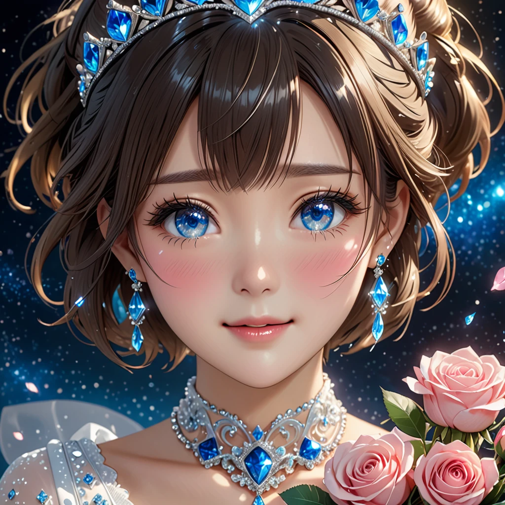 National Science Foundation,masterpiece,High resolution,8K,Art,digit,Three-dimensional,Realism,Kyoto Animation Style,your name movie style,cute,baby face,look into camera,Complex blue crystal background,(1 female: 1.3),(alone: 1.4),(Gorgeous sparkling white wedding dress),(Blue Swarovski crystals on wedding dress),Gorgeous blue crystal tiara,Blue crystal necklace,Sapphire crystal earrings,Blue crystal ring,Hand holding bouquet of pink roses,Long eyelashes,Long thin legs,Short Bob,Close-up of upper body,Close-up,Close up,Starry sky at night,Eyes as deep as the starry sky,blush,shy,Crying because of happiness