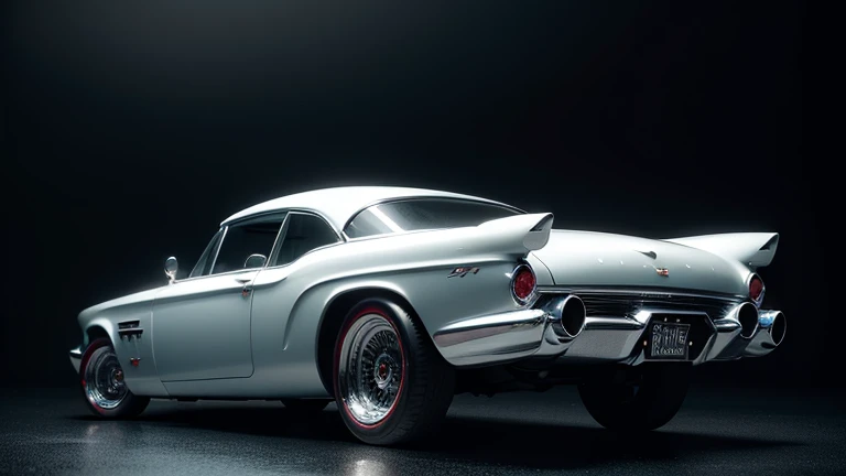 1960s luxury sedan, rear view, futuristic fantasy car, highly detailed, intricate mechanical parts, glossy metallic body, chrome accents, dramatic lighting, cinematic composition, moody atmosphere, vibrant colors, photorealistic, 8k, (best quality:1.2), (masterpiece:1.2), (realistic:1.37)