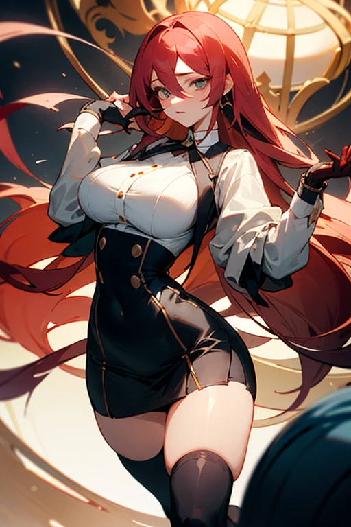 masterpiece, best quality, 1girl, long hair, big bust, very long red hair, yellow eyes, transparent clothes, rain, wet, exposed skin, ligerie, sexy pose, white clothes, without pants, fishnet stockings, jewels, ruby earrings, good anatomy, red gloves, boots, heels, evil, emotionless, intimidant, bloody, detailed eyes, dark background, close up, ((detailed eyes)), beautiful eyes, hair bang, frontal look