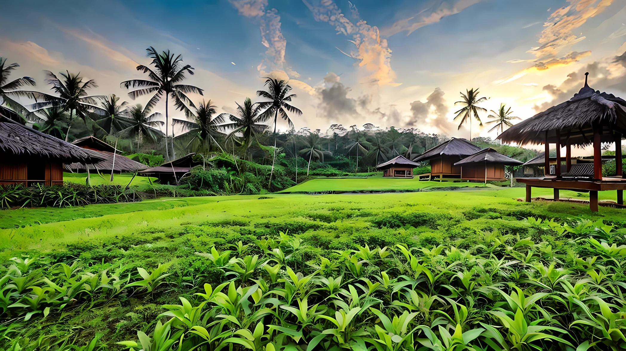 Gambar Padang rumput dengan lembut dan langit yang biru muda,ada pohon yang menutupi cahaya matahari,dan ada rumah kecil warna biru