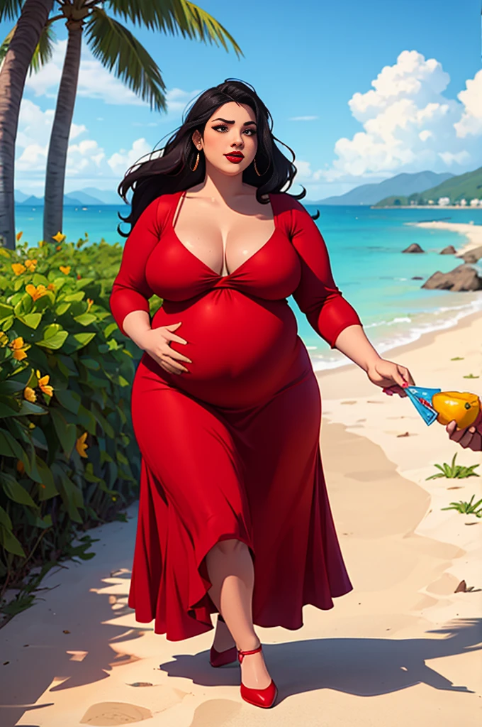 1 girl, morbidly obese seductive Spanish woman, red lips, long hair, (summer dress), (double chin), overweight, (bloated belly), big breasts, make-up, exotic island, walking 