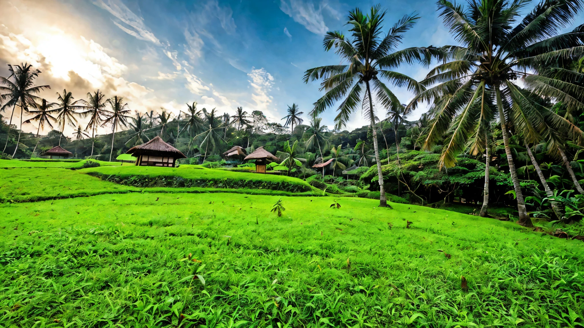 Gambar Padang rumput dengan lembut dan langit yang biru muda,ada pohon yang menutupi cahaya matahari,dan ada rumah kecil warna biru