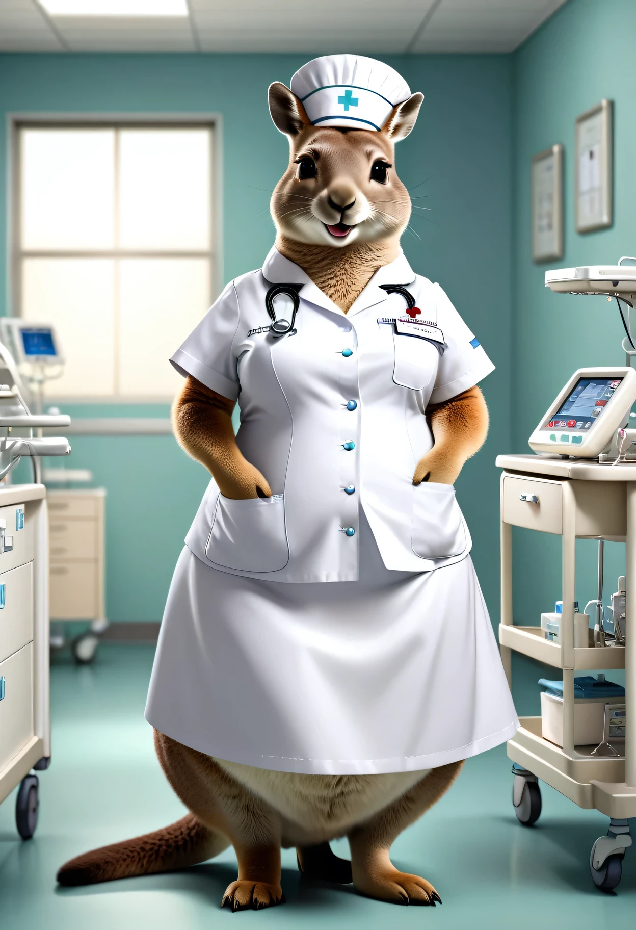 photorealistic portrait of Dressed animals - a ((fat)) kangaroo nurse,(elegant pose:1.2),(hands in pockets:1.5), (elegant smile:1.2),(long tail),high quality,(lovely) ,intricate details, highly detailed ((white nurse costume)), wearing nurse cap and skirt , highly detailed medical equipment , (happy), perfect room lighting,(full body image:1.5),(hospital background:2.0)