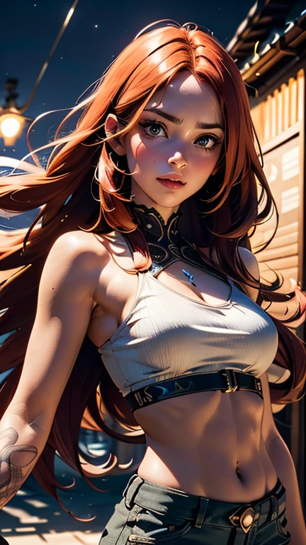 (best quality, masterpiece, colorful, dynamic angle, highest detailed) upper body photo, fashion photography of cute, intense long red hair, perfect body \Mary Jane\ in tank top and combat trousers, (ultrahigh resolution textures), in dynamic pose, bokeh, glowing web, (intricate details, hyperdetailed:1.15), detailed, moonlight passing through hair, perfect night, fantasy background, (official art, extreme detailed, highest detailed), HDR+