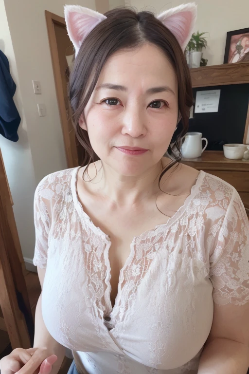 a mature 55 year old japanese woman, beautiful noblewoman, married woman, detailed wrinkles, long eyelashes, chubby body type, ((cat ears)), low ponytail, in her room, high-cut swimsuit, relaxed pose, (best quality,4k,8k,highres,masterpiece:1.2),ultra-detailed,(realistic,photorealistic,photo-realistic:1.37),HDR,UHD,studio lighting,ultra-fine painting,sharp focus,physically-based rendering,extreme detail description,professional,vivid colors,bokeh,portrait