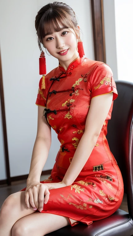 (RAW Photos:1.2), (Realistic:1.4), Beautiful detailed girl, 29-year-old,Very detailed eyes and face, Beautiful details, Ridiculous, incredibly Ridiculous, Large file size, Very detailed, High resolution, Very detailed, highest quality, masterpiece, kemomimi, ((Japanese Girls)),、 shape, Very detailed, CG, Unified, 8k wallpaper, wonderful, Fine details, masterpiece, highest quality, Very detailed CG uniform 8k wallpaper, Light on the face, Cinema Lighting,( One Girl),Feeling Face、(Big Ass)、(whole bodyショット)、((Red qipao:1.4))、 Short length, ((No sleeve))(Ample breasts:1.4)、 very, single braid、Shiny light brown hair、((Gaze Here:1.4))、(Big Smile 1:4), (whole body), Sitting in a chair, ((Crossing your legs:1.4)),restaurant,Her panties are almost visible, but you can't see them