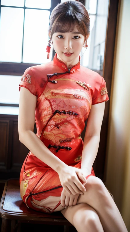 (RAW Photos:1.2), (Realistic:1.4), Beautiful detailed girl, 29-year-old,Very detailed eyes and face, Beautiful details, Ridiculous, incredibly Ridiculous, Large file size, Very detailed, High resolution, Very detailed, highest quality, masterpiece, kemomimi, ((Japanese Girls)),、 shape, Very detailed, CG, Unified, 8k wallpaper, wonderful, Fine details, masterpiece, highest quality, Very detailed CG uniform 8k wallpaper, Light on the face, Cinema Lighting,( One Girl),Feeling Face、（Big Ass）、(whole bodyショット)、((Red qipao:1.4))、 Short length, （（No sleeve））（Ample breasts:1.4）、 very, single braid、Shiny light brown hair、((Gaze Here:1.4))、（Big Smile 1:4）, (whole body), Sitting in a chair, ((Crossing your legs:1.4)),restaurant,Her panties are almost visible, but you can&#39;t see them