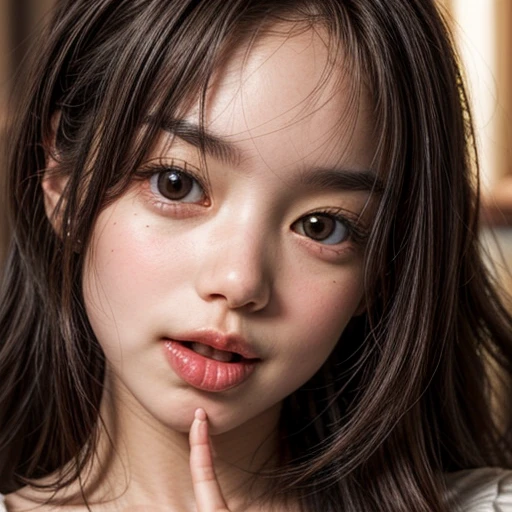 One Girl,(1人のとてもcute女の子:1.3),masterpiece,Highest quality,High resolution,beautiful girl,(21 years old:1.3),cute,Big eyes,(Detailed pupil:1.2),(The face is facing straight ahead:1.3),Body facing forward,Beautiful Nose,Fuller lips,Brown Hair,Medium Hair,Fine eyelashes,Thin eyebrows,Definition of very fine particles,(Symmetrical eyes:1.3),(Face close-up,Face Focus:1.0),Student Style,Portraiture,Show Viewer,Cinema Lighting,High resolution,Very detailed、Headband、Open your mouth a little、Selfie、Put your hand on your chin、blush,smile:1.1、freckles、Round Glasses、choker、topless
