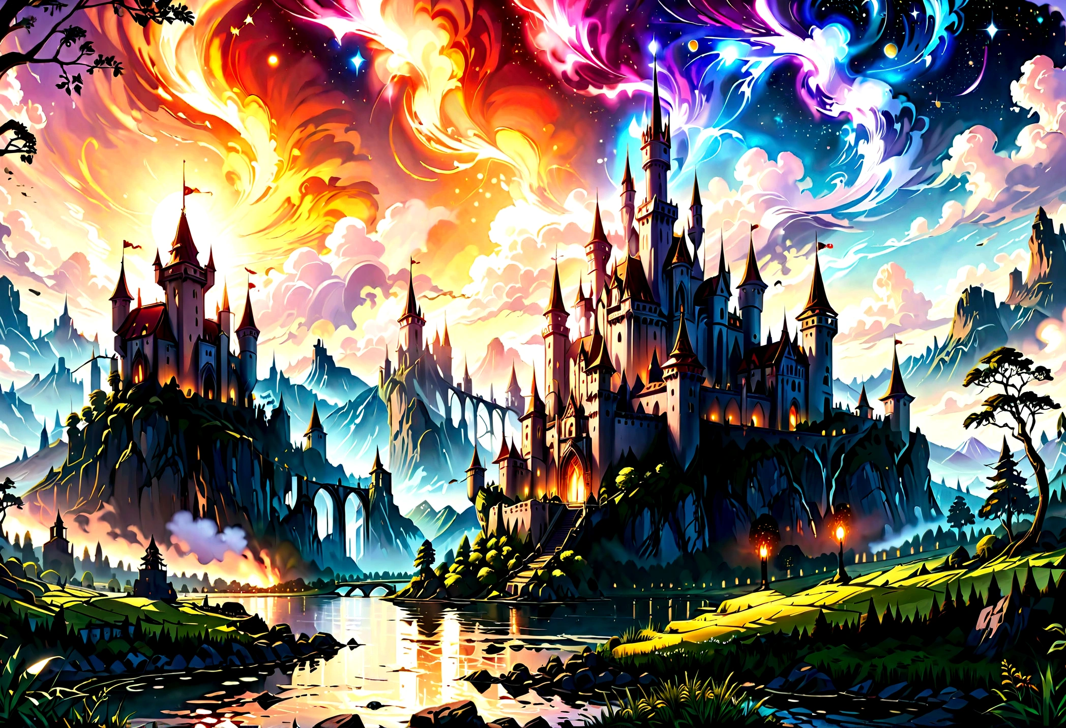 Arafed, an award winning picture, National Geographic style, magnificent artistic picture of a castle on a mountain range near a lake at dusk, fantasy art D&D art, castle, with towers, turrets, barbican, it is dusk time, the sun is going down, and there are stars in the skies, the last rays of sun, there is a bridge lit by torches crossing to the other side, fantasy forest background, ultra best realistic, best details, 16k, [ultra detailed], masterpiece, best quality, (extremely detailed), photorealism, depth of field, hyper realistic painting, Cinematic Hollywood Film style, 