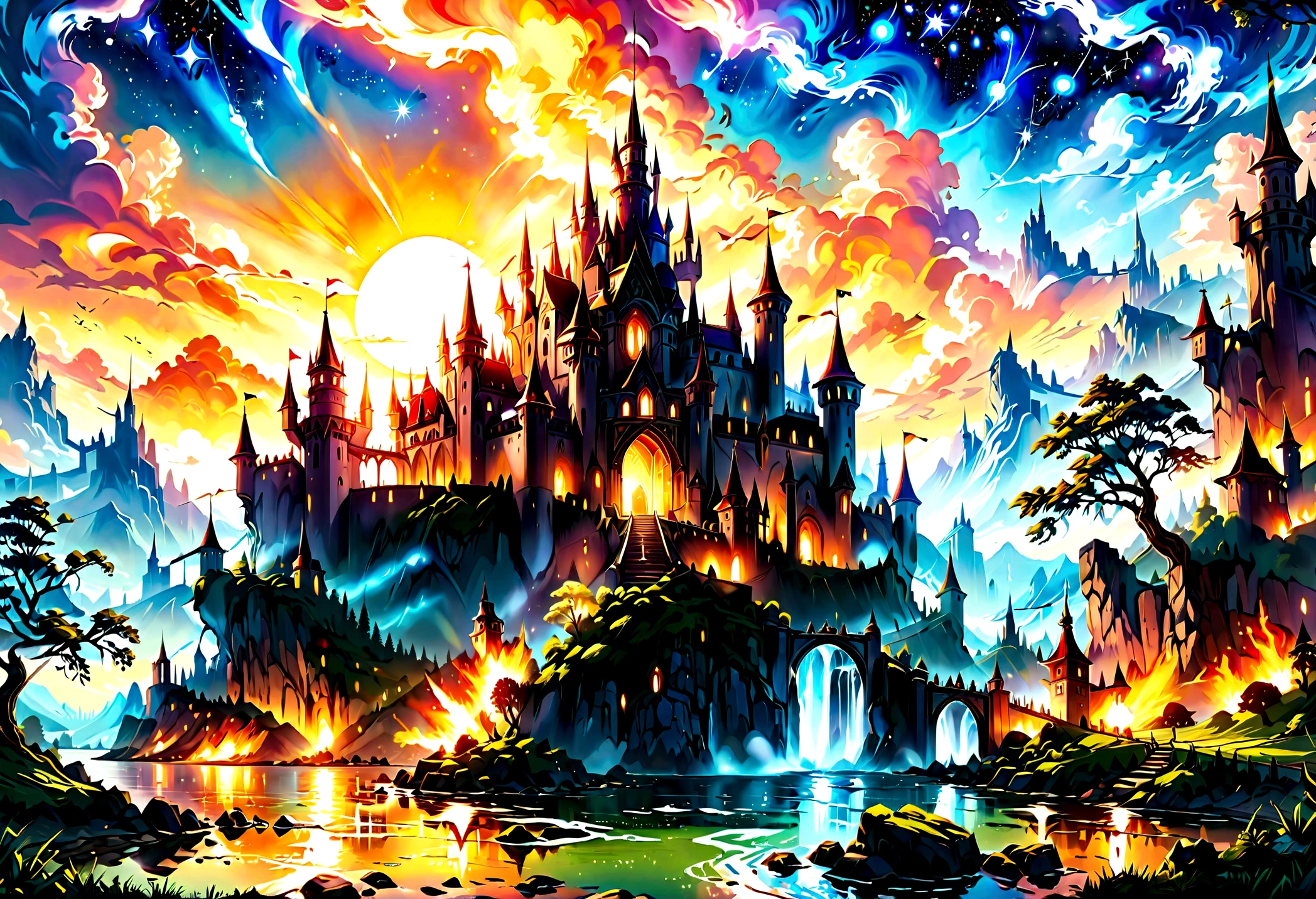 Arafed, an award winning picture, National Geographic style, magnificent artistic picture of a castle on a mountain range near a lake at dusk, fantasy art D&D art, castle, with towers, turrets, barbican, it is dusk time, the sun is going down, and there are stars in the skies, the last rays of sun, there is a bridge lit by torches crossing to the other side, fantasy forest background, ultra best realistic, best details, 16k, [ultra detailed], masterpiece, best quality, (extremely detailed), photorealism, depth of field, hyper realistic painting, Cinematic Hollywood Film style, 
