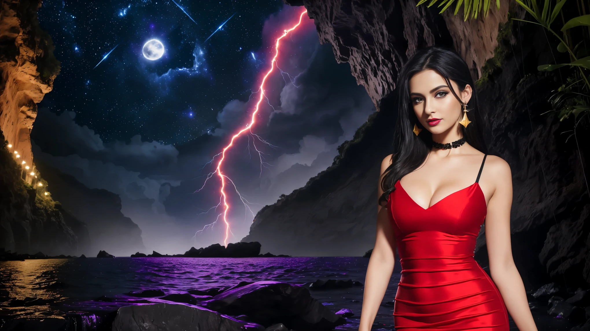 (8k resolution), wallpaper, (masterpiece), (photo realistic), (realism), (jungle:1.3), beach, (stars), (galaxy), (nova), (red Moon:1.4), (supernova:1.3), (waterfalls:1.3), waves, (purple lightning:1.3), (thunderstorm:1.2), (dark night:1.8), (darkness:1.5).
(Standing in the waterfalls)
(Portrait girl), (1 pretty European girl), (skinny girl), (straight black hair), looking at camera, (big blue eyes:1.3), full lips, (seductive smile:1.2), eyeliner wings, lip stick, eyeshadow, earring hoops, choker, perfect skin, (beautiful tits), flat stomach, (datk red dress:1.3), (tube dress, tight dress), loving embrace, passion, desire, (looks at the camera)