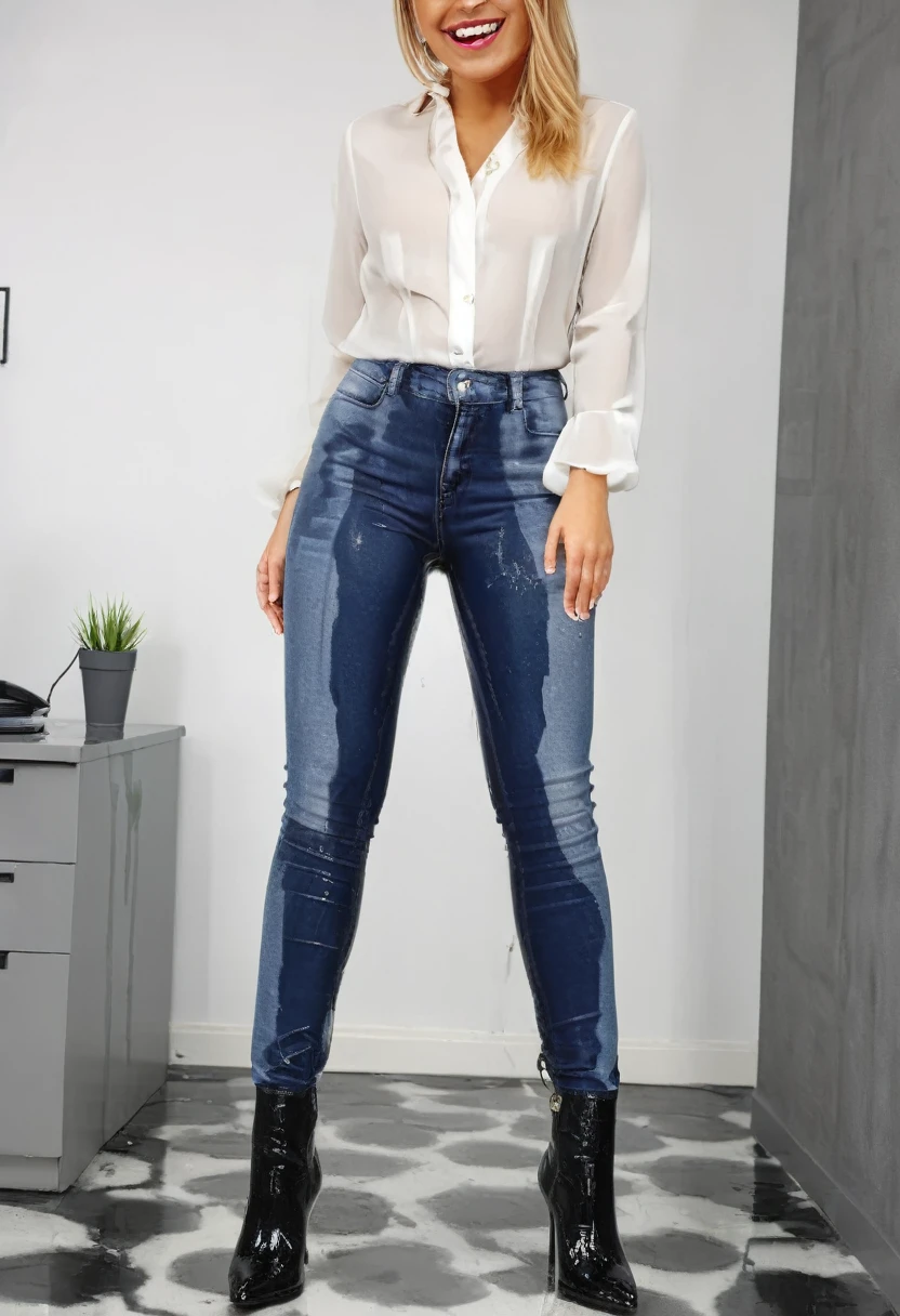 attractive blonde woman wearing dark blue skinny jeans, high heel boots, white blouse, standing in an office, wetting, big smile, pee stains are gleaming wet