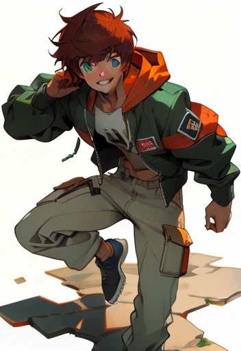 ((masterpiece)), (best quality), (absurdres), (photorealistic:1.4), auburn red hair, , hoodie with motor sports jacket , (tanned skin, tanned male skin), bangs, green eyes, handsome girl, ((flat body)), very short messy boy cut hair, smile, grin, :D
