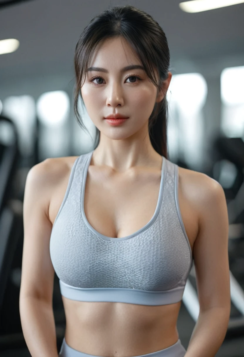 best quality, 8k, highly detailed face and skin texture, high resolution, big tits japanese girl in sport bra at gym, sharp focus