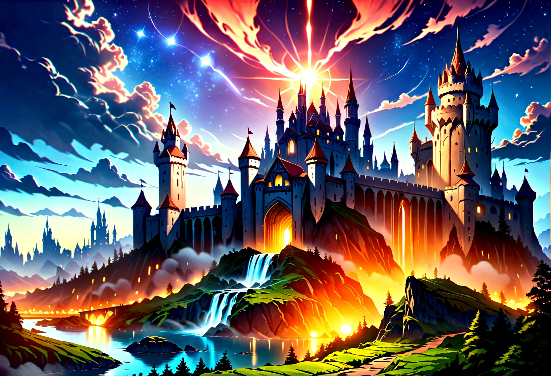 Arafed, an award winning picture, National Geographic style, magnificent artistic picture of a castle on a mountain range near a lake at dusk, fantasy art D&D art, castle, with towers, turrets, barbican, it is dusk time, the sun is going down, and there are stars in the skies, the last rays of sun, there is a bridge lit by torches crossing to the other side, fantasy forest background, ultra best realistic, best details, 16k, [ultra detailed], masterpiece, best quality, (extremely detailed), photorealism, depth of field, hyper realistic painting, Cinematic Hollywood Film style, 