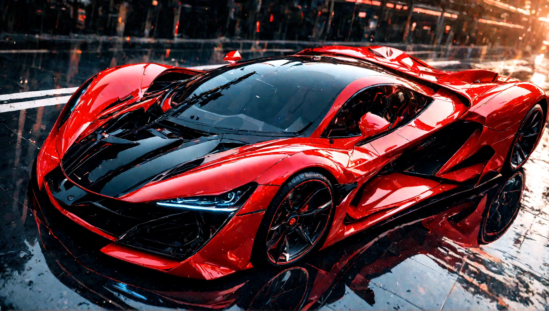 a futuristic supercar,highly detailed, 8k, photorealistic, glossy metallic finish, intricate mechanical parts, glowing neon accents, advanced aerodynamic design, sleek and angular body, vibrant red color, dramatic lighting, cinematic atmosphere, ground-level perspective