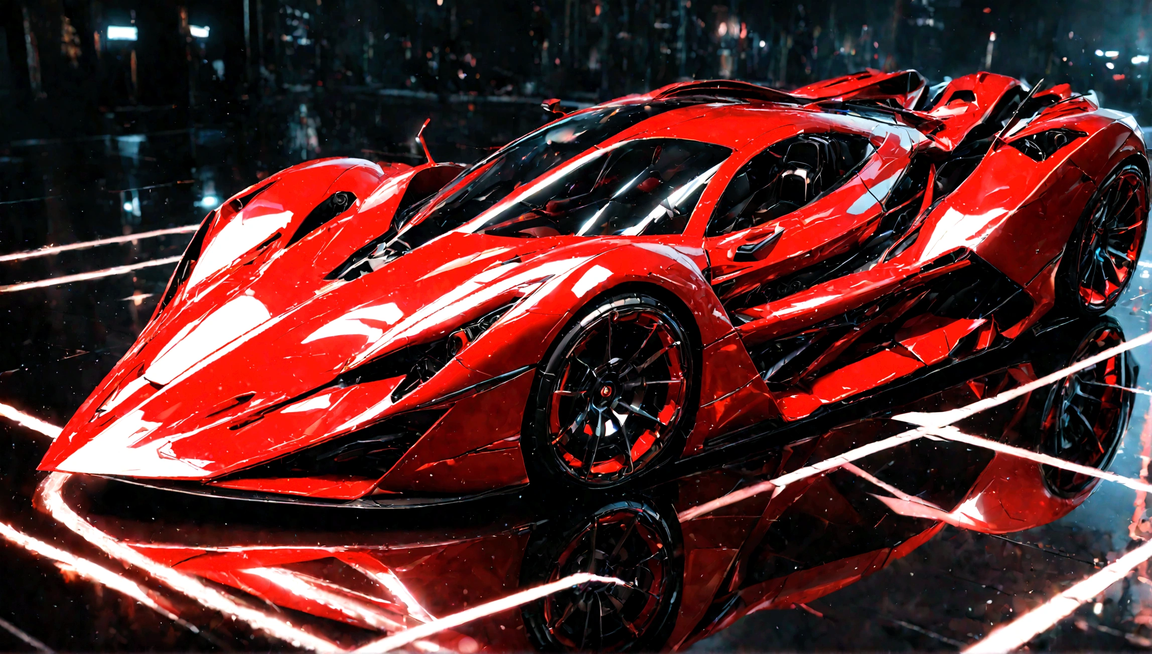 a futuristic supercar,highly detailed, 8k, photorealistic, glossy metallic finish, intricate mechanical parts, glowing neon accents, advanced aerodynamic design, sleek and angular body, vibrant red color, dramatic lighting, cinematic atmosphere, ground-level perspective