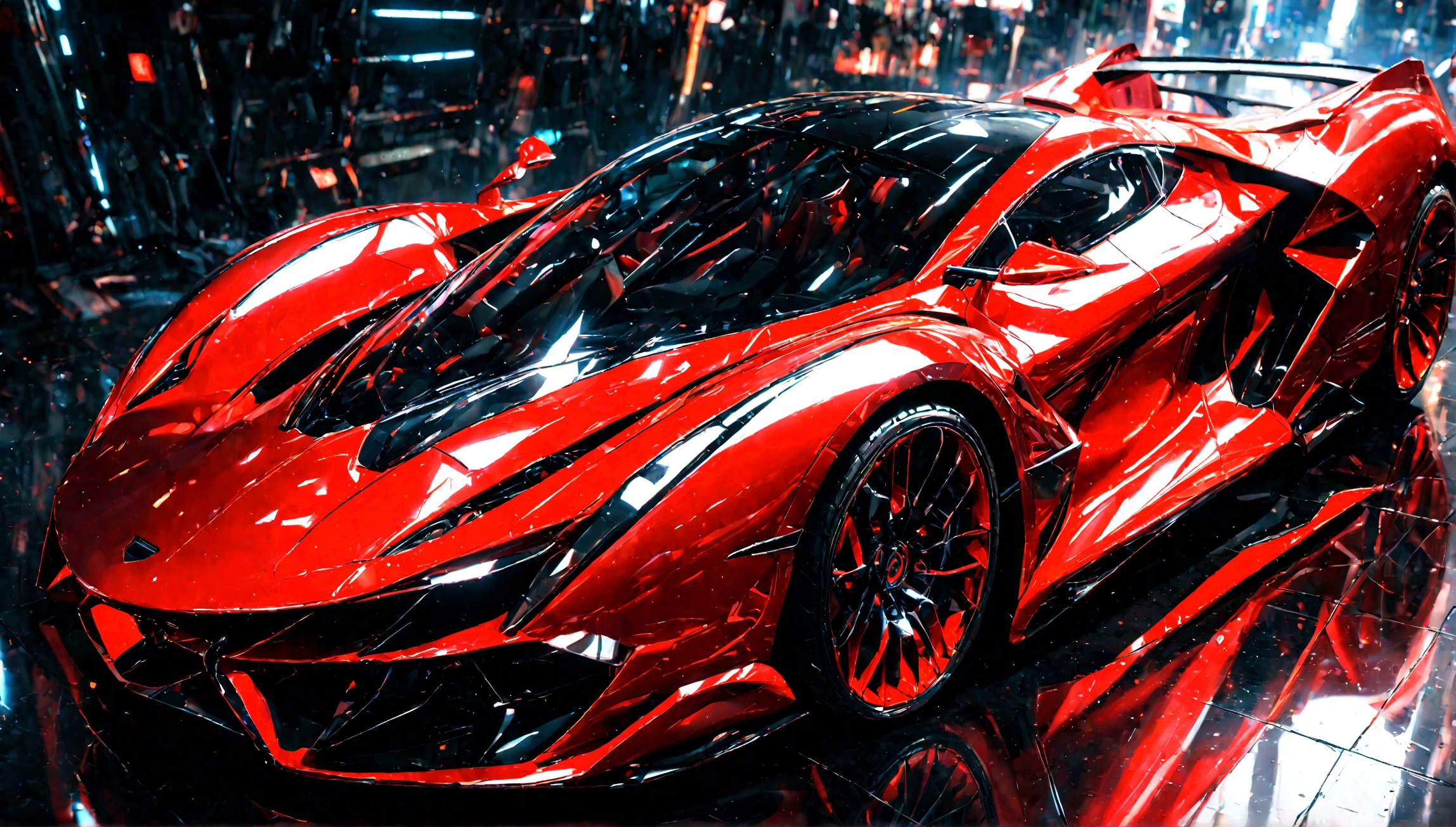a futuristic supercar,highly detailed, 8k, photorealistic, glossy metallic finish, intricate mechanical parts, glowing neon accents, advanced aerodynamic design, sleek and angular body, vibrant red color, dramatic lighting, cinematic atmosphere, ground-level perspective