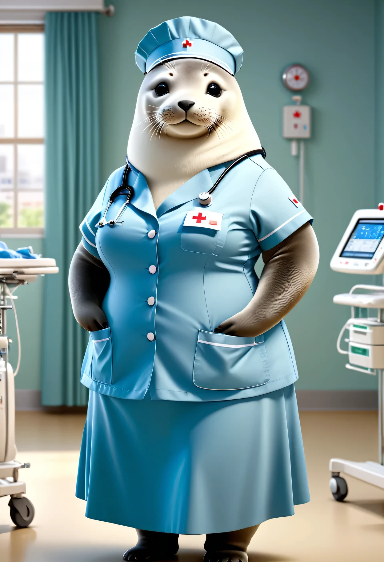 photorealistic portrait of Dressed animals - a ((fat)) seal nurse,(elegant pose:1.2),(hands in pockets:1.5), (elegant smile:1.2),(),high quality,(lovely) ,intricate details, highly detailed (( nurse costume)), wearing nurse cap and skirt , highly detailed medical equipment , (happy), perfect room lighting,(full body image:1.5),(hospital background:2.0)