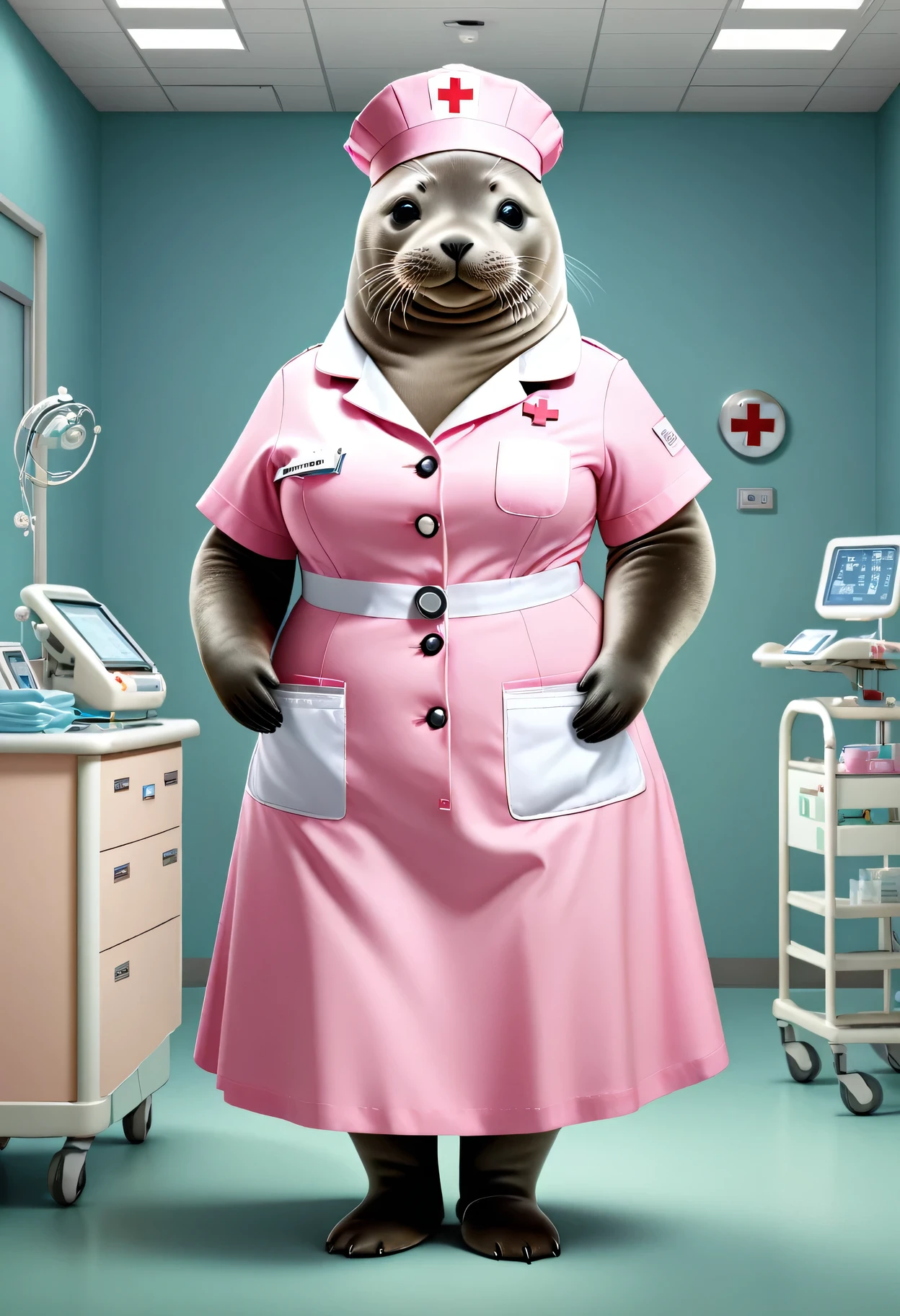 photorealistic portrait of Dressed animals - a ((fat)) seal nurse,(elegant pose:1.2),(hands in pockets:1.5), (elegant smile:1.2),(),high quality,(lovely) ,intricate details, highly detailed (( pink nurse costume)), wearing nurse cap and skirt , highly detailed medical equipment , (happy), perfect room lighting,(full body image:1.5),(hospital background:2.0)