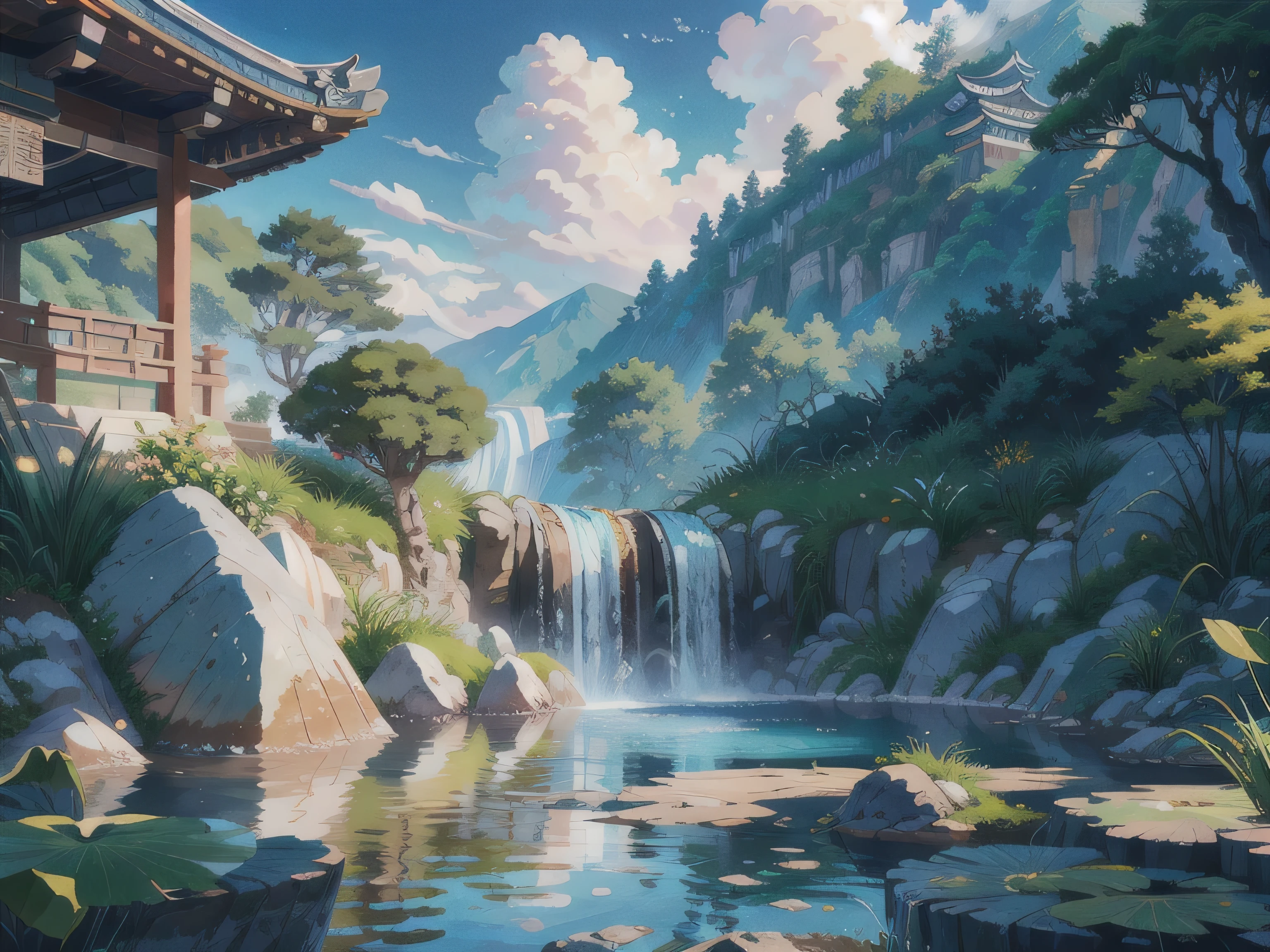 ancient Chinese architecture,blue sky,white clouds,garden,of bamboo,lakes,Stone,rockery,arches,corners,the trees,running water,landscape,out door,waterfalls,Grassland,Rock,water lilies,onsen,water vapour,(illustartion:1.0),Epic composition,Realistic lighting,high-definition details,Jeizuo,The best quality,(Very detailed CG unified 8k) --v 6