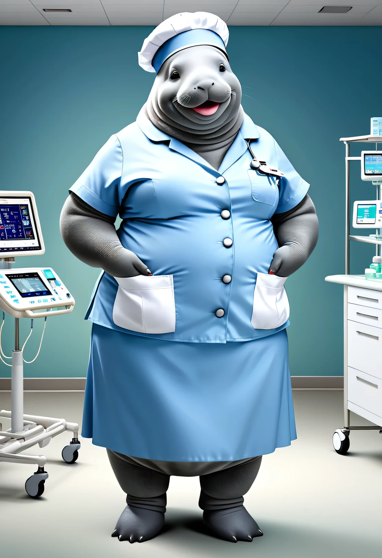 photorealistic portrait of Dressed animals - a ((fat)) manatee nurse,(elegant pose:1.2),(hands in pockets:1.5), (elegant smile:1.2),(),high quality,(lovely) ,intricate details, highly detailed (( nurse costume)), wearing nurse cap and skirt , highly detailed medical equipment , (happy), perfect room lighting,(full body image:1.5),(hospital background:2.0)