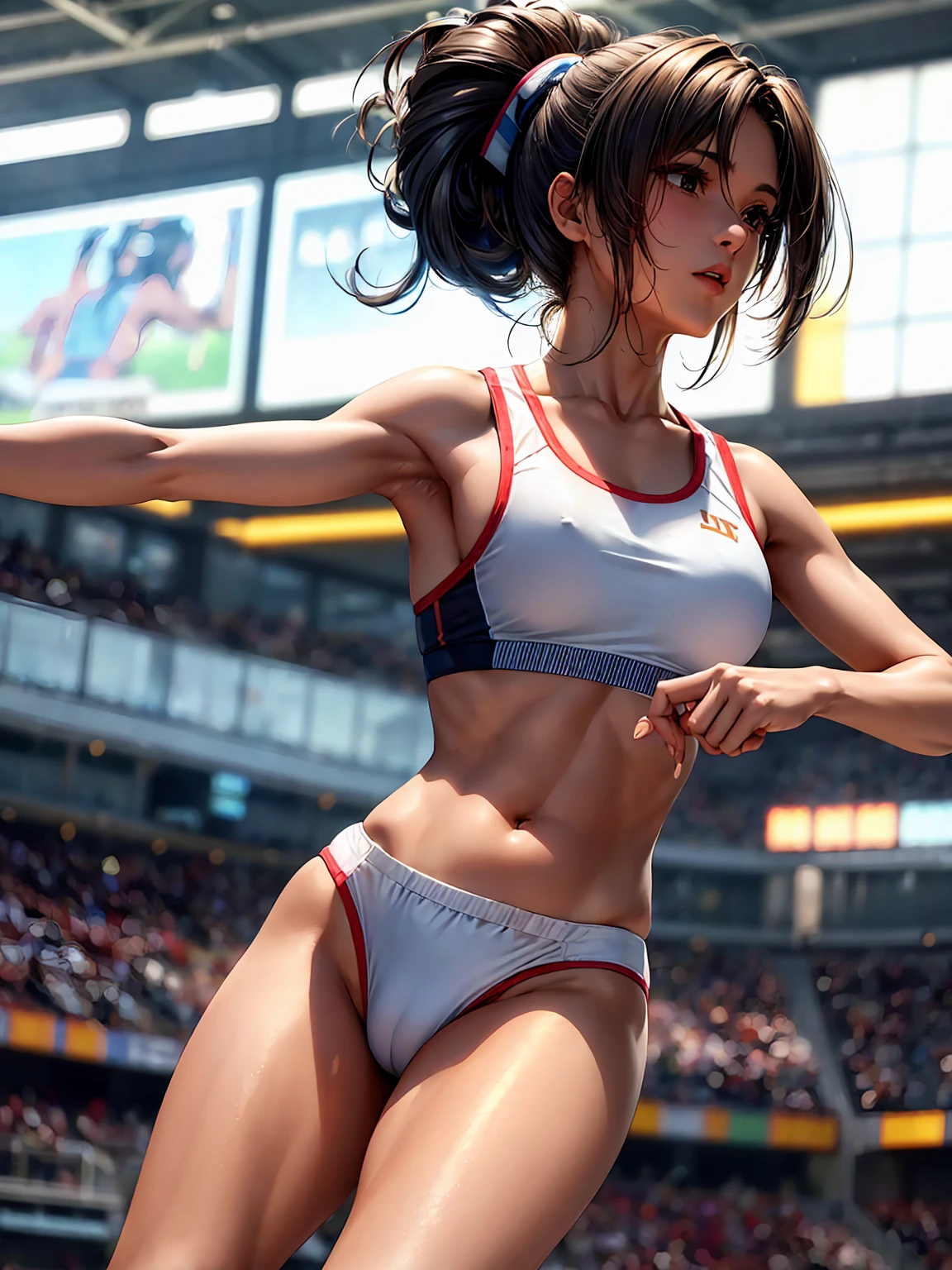 masterpiece、highest quality、Highest quality、Beautiful woman、Hairstyle: Ponytail、Beautiful body:Beautiful Skin、Track and field uniform:Sports Bra:Racing Shorts、Bloomers、Women's Track & Field、Realistic texture、