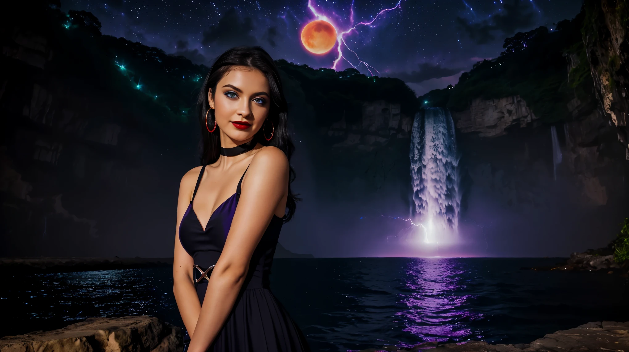 (8k resolution), wallpaper, (masterpiece), (photo realistic), (realism), (jungle:1.3), beach, (stars), (galaxy), (nova), (red Moon:1.4), (supernova:1.3), (waterfalls:1.3), waves, (purple lightning:1.3), (thunderstorm:1.2), (dark night:1.8), (darkness:1.5).
(Standing in the waterfalls) 
(Portrait girl), (1 pretty European girl), (skinny girl), (straight black hair), looking at camera, (big blue eyes:1.3), full lips, (seductive smile:1.2), eyeliner wings, lip stick, eyeshadow, earring hoops, choker, perfect skin, (beautiful tits), flat stomach, (night blue dress:1.3), (tube dress, tight dress), loving embrace, passion, desire, (looks at the camera)