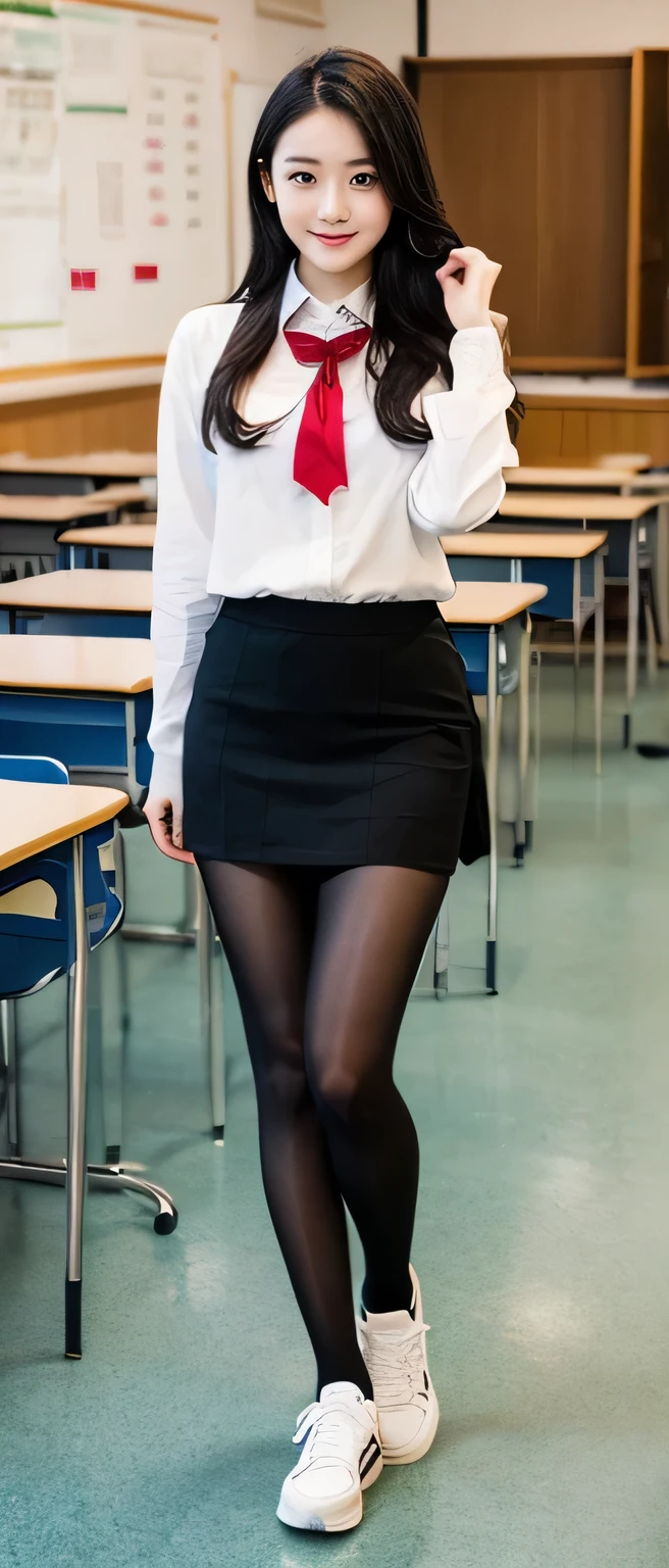 (Full body portrait:1.5)、Pretty Girl Pose、Sharp Focus、Pretty Woman、Black Hair、College uniforms、The background is the classroom、A very childlike 20-year-old who looks 、Very childlike、tights、sneakers、Checked skirt