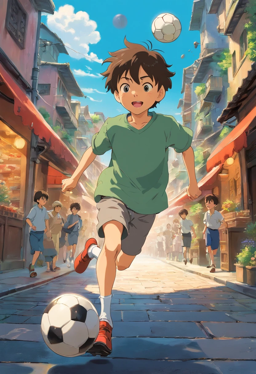 A boy running through the city kicking a ball