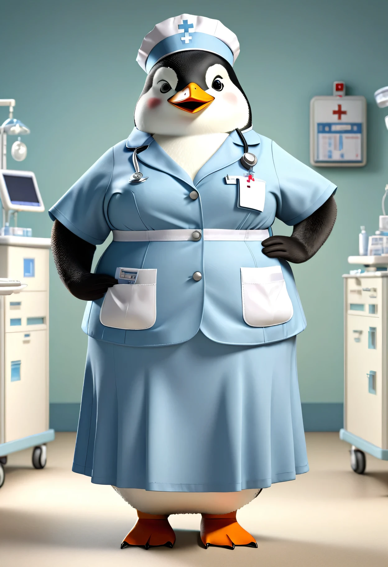 photorealistic portrait of Dressed animals - a ((fat))penguin nurse,(elegant pose:1.2),(hands in pockets:1.5), (elegant smile:1.2),(),high quality,(lovely) ,intricate details, highly detailed (( nurse costume)), wearing nurse cap and skirt , highly detailed medical equipment , (happy), perfect room lighting,(full body image:1.5),(hospital background:2.0)