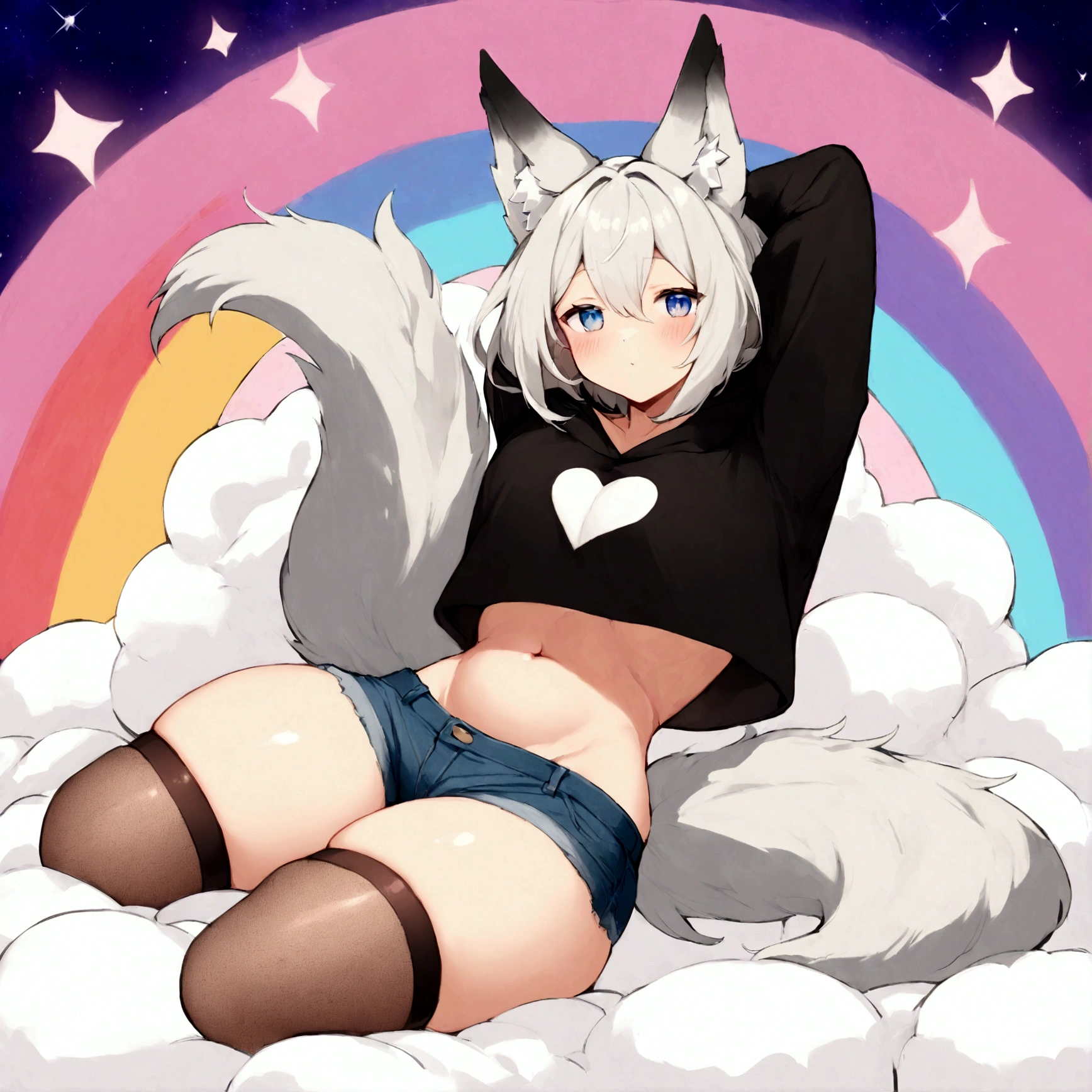 a cute adult male with wolf ears, white hair, has a wolf tail, wearing a loose cropped oversized black hoodie, wearing a pair of denim short shorts and thigh high fishnet stockings, thick thighs, wide hips, relaxing on mound of fluffy multi colored kawaii plushies, short, very slim, showing slender tummy, stretching out, heart on hoodie, squishy thighs, has glowing blue eyes. alone, solo (ALONE)(SOLO), surrounded by rainbows, colorful galaxy backround, nice butt