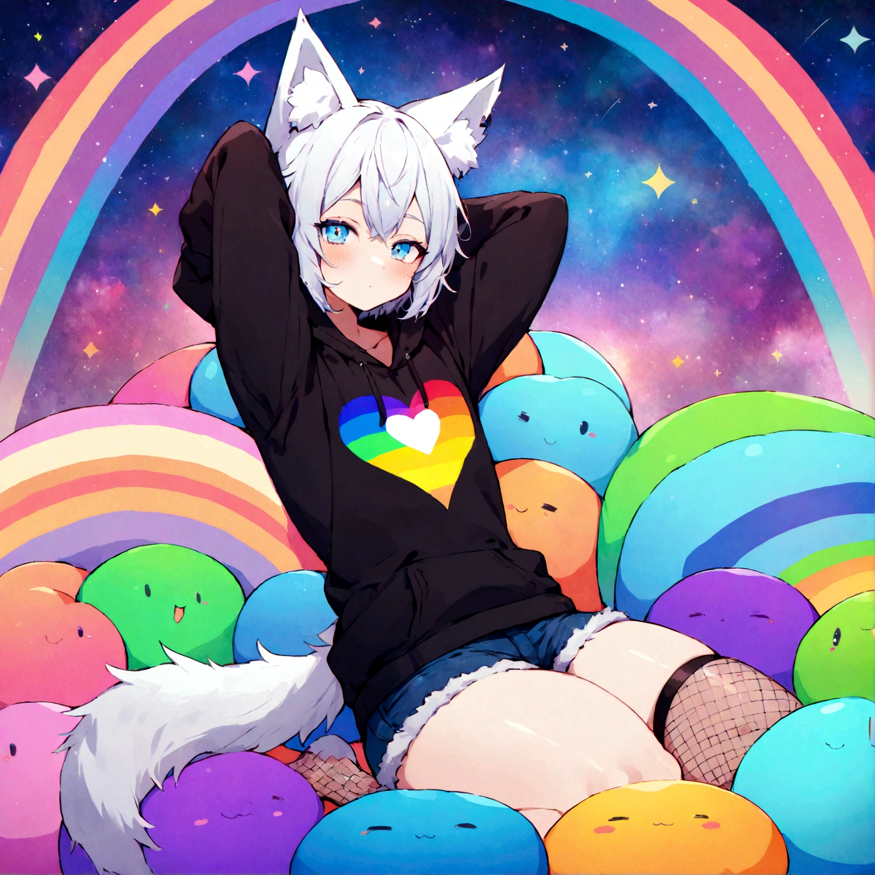 a cute adult male with wolf ears, white hair, has a wolf tail, wearing a loose cropped oversized black hoodie, wearing a pair of denim short shorts and fishnet stockings, thick thighs, wide hips, relaxing on mound of fluffy multi colored kawaii plushies, short, very slim, showing slender tummy, stretching out, heart on hoodie, squishy thighs, has glowing blue eyes. alone, solo (ALONE)(SOLO), surrounded by rainbows, colorful galaxy backround