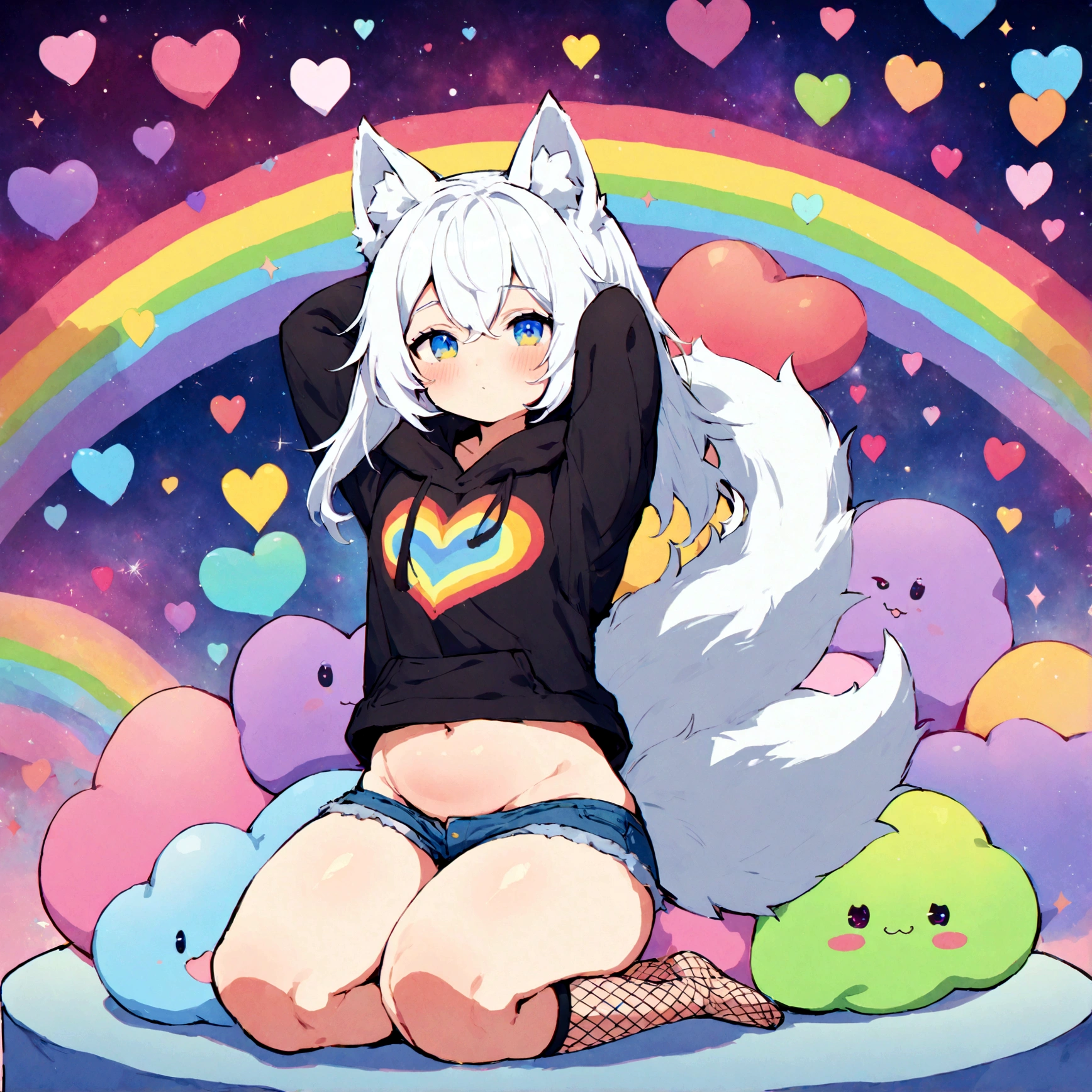 a cute adult male with wolf ears, white hair, has a wolf tail, wearing a loose cropped oversized black hoodie, wearing a pair of denim short shorts and fishnet stockings, thick thighs, wide hips, relaxing on mound of fluffy multi colored kawaii plushies, short, very slim, showing slender tummy, stretching out, heart on hoodie, squishy thighs, has glowing blue eyes. alone, solo (ALONE)(SOLO), surrounded by rainbows, colorful galaxy backround