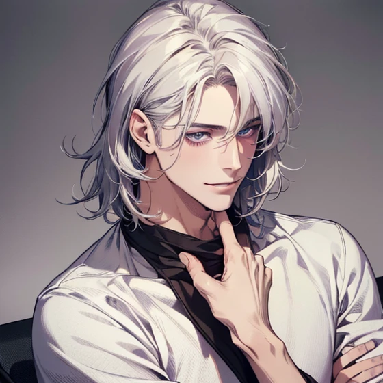 (realistic:1.37,best quality,4k,8k,highres,masterpiece:1.2),ultra-detailed,jovem,masculine Caucasian,deep purple eyes,gentle smile,simple clothing,school atmosphere,medium hair,white hair,slight smile.