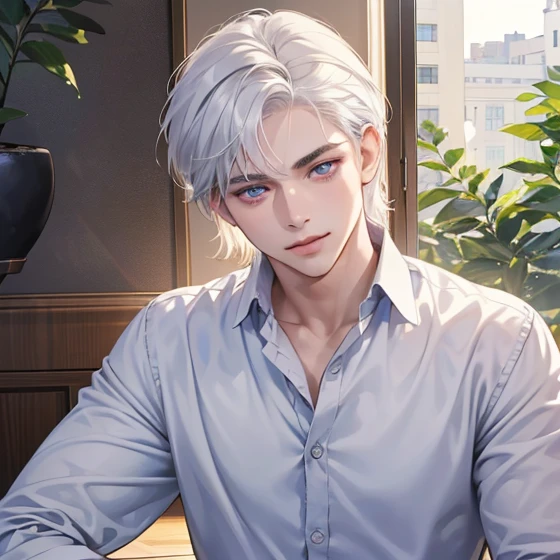 (realistic:1.37,best quality,4k,8k,highres,masterpiece:1.2),ultra-detailed,jovem,masculine Caucasian,deep purple eyes,gentle smile,simple clothing,school atmosphere,medium hair,white hair,slight smile.