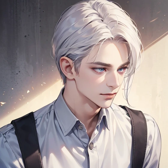 (realistic:1.37,best quality,4k,8k,highres,masterpiece:1.2),ultra-detailed,jovem,masculine Caucasian,deep purple eyes,gentle smile,simple clothing,school atmosphere,medium hair,white hair,slight smile.