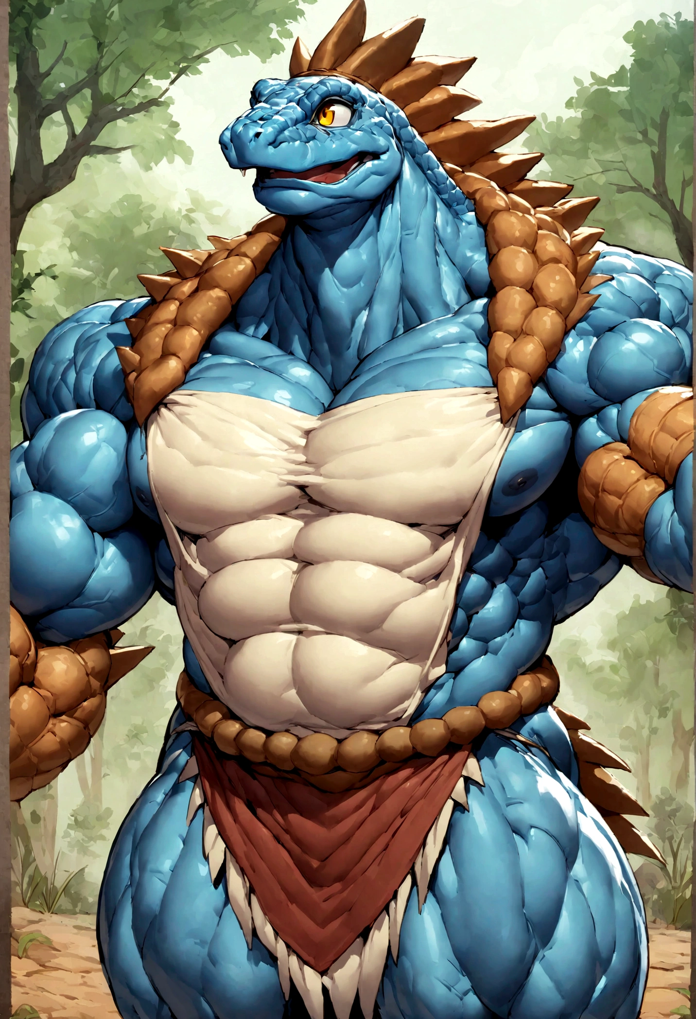 Solo, Male, lizardfolk, cheeky face, Wide face, Broad shoulders, Muscular, buff, Strong, Tall, Giant, Huge amounts of pubic, immensity, Gigantic, large biceps, large pecs, Blue body, Blue skin, Yellow eyes,long loincloth with, detailed crotch, massive bulge