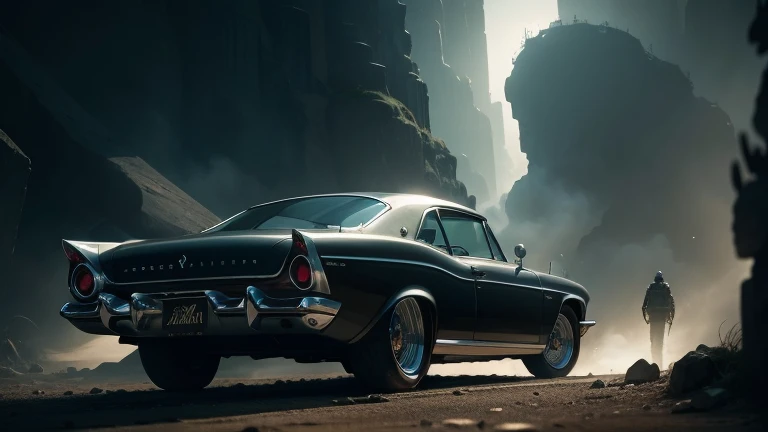a luxury 1960s style sedan, photorealistic, extremely detailed, cinematic composition, rear view, fantasy futuristic setting, dramatic lighting, epic scene, intricate details, smooth metallic surfaces, gleaming chrome accents, deep glossy paint, dramatic shadows, dramatic colors, moody atmosphere