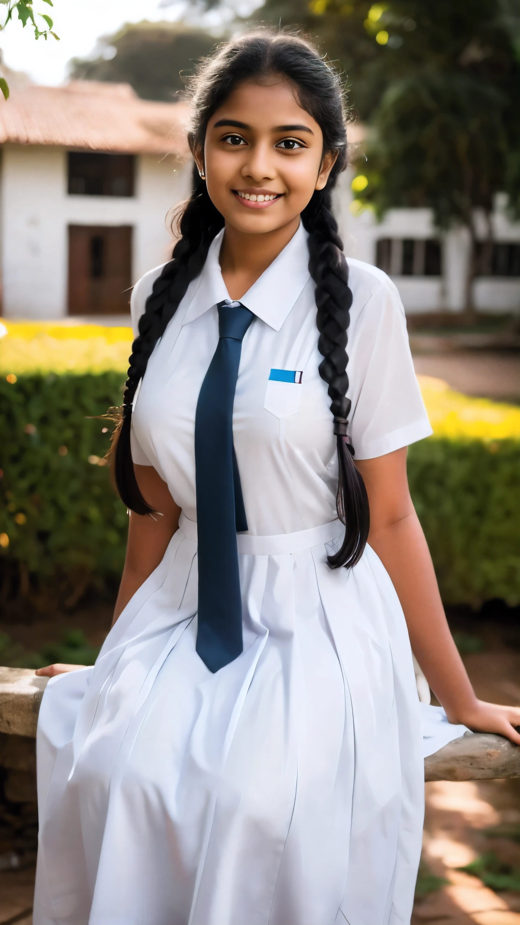 Raw photo , 1 girl  ,Wearing white frock and color tie, white shoes ,sri lanka  girl, with plait, stand in the ground big breasts, sexy , professional photographer, (hdr:1.4), masterpiece, ultra-realistic 8k, perfect artwork, intrincate details, cute face, award winning photograph, (Best quality, 8k, 32k, Masterpiece, UHD:1.3) , biggest boob, big ass, add more details to face 