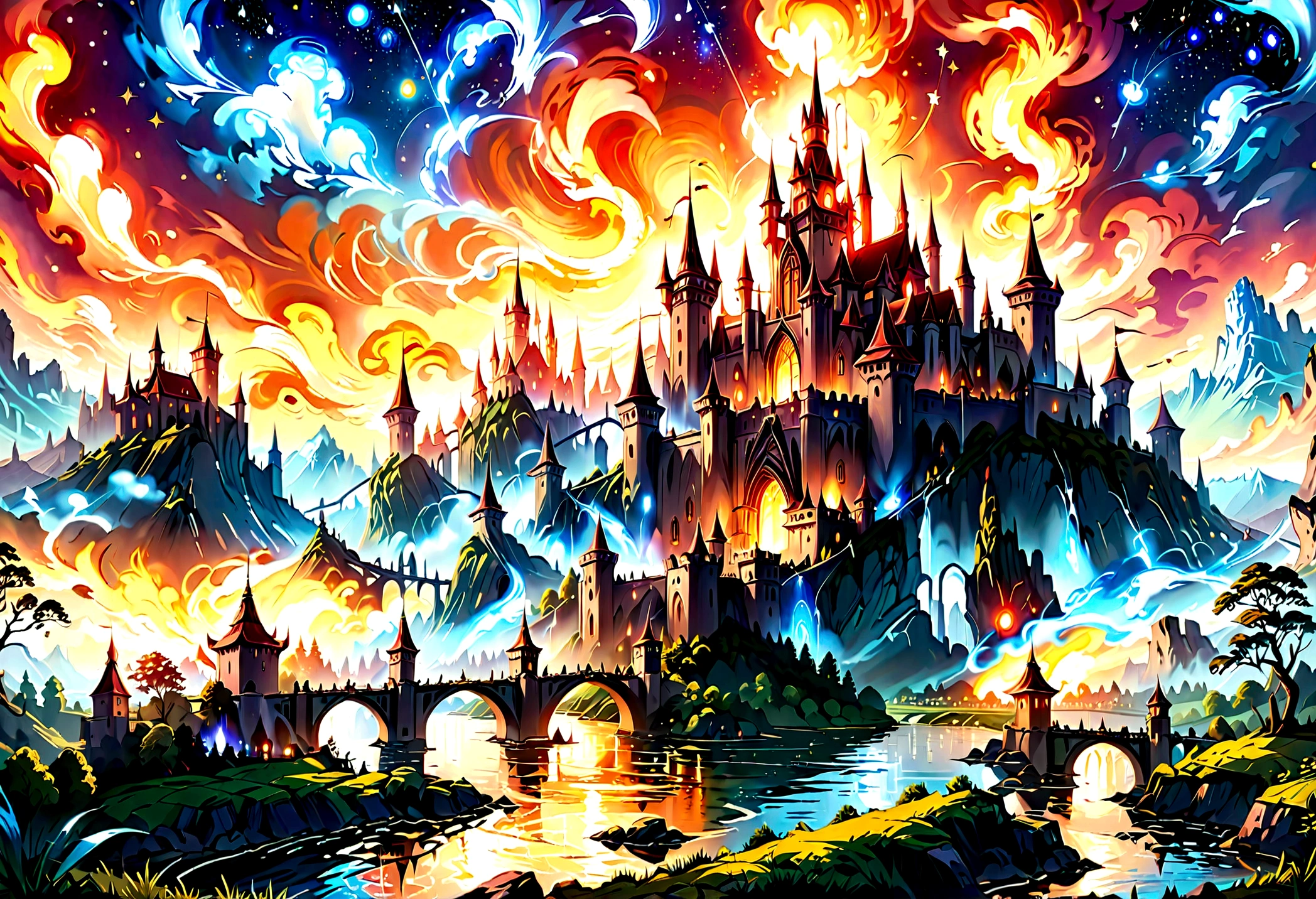 Arafed, an award winning picture, National Geographic style, magnificent artistic picture of a castle on a mountain range near a lake at dusk, fantasy art D&D art, castle, with towers, turrets, barbican, it is dusk time, the sun is going down, and there are stars in the skies, the last rays of sun, there is a ((bridge lit by torches: 1.4)) crossing to the other side, fantasy forest background, ultra best realistic, best details, 16k, [ultra detailed], masterpiece, best quality, (extremely detailed), photorealism, depth of field, hyper realistic painting, Cinematic Hollywood Film style, 